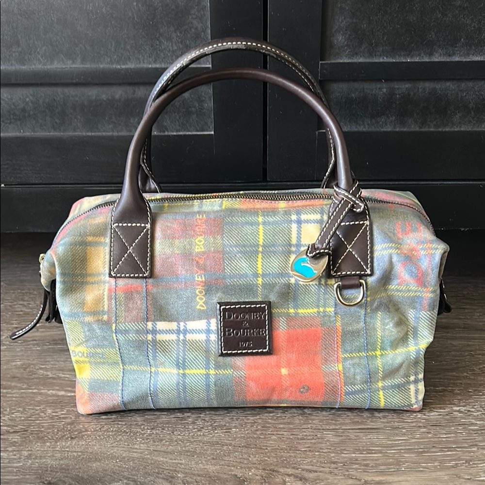 Vintage Dooney & Bourke Muted Plaid Ladybug Y2K Satchel Small Duffel Bag